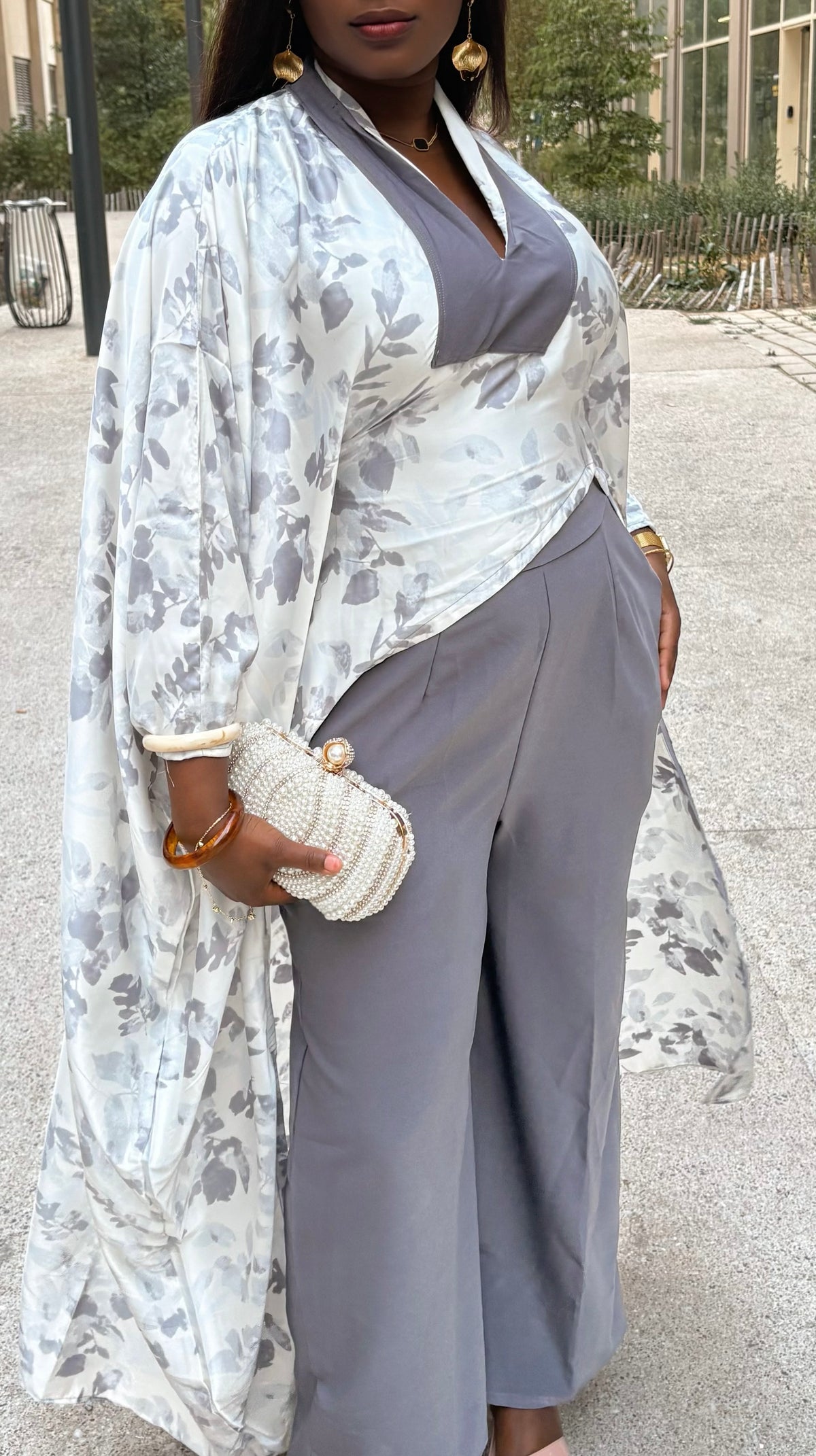 Ensemble Diongoma Floral Satiné - Gris